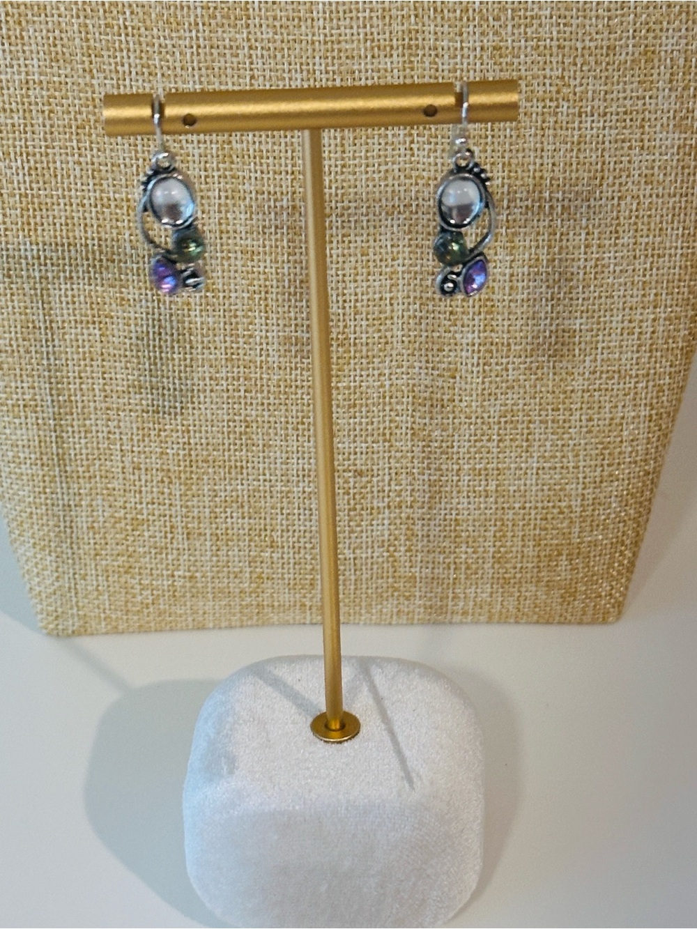 Fashion Jewelry Silver-Tone Dangle Earrings with Purple & Green Accents